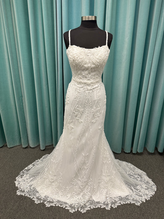Shimmering lace fit-and-flare wedding dress with botanical appliqués, scoop neckline, and sheer lace train by Essense of Australia Style D4279