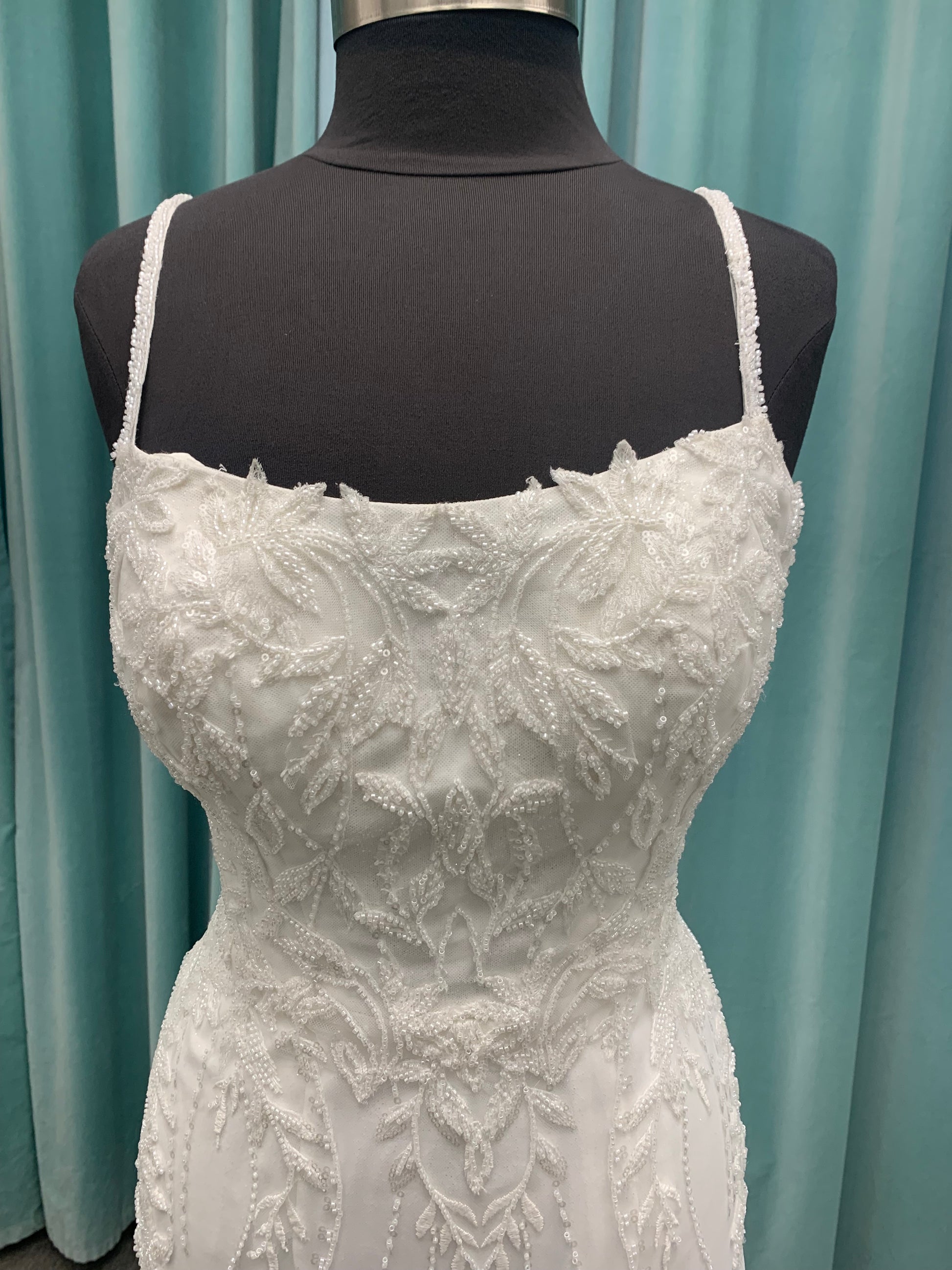 Shimmering lace fit-and-flare wedding dress with botanical appliqués, scoop neckline, and sheer lace train by Essense of Australia Style D4279