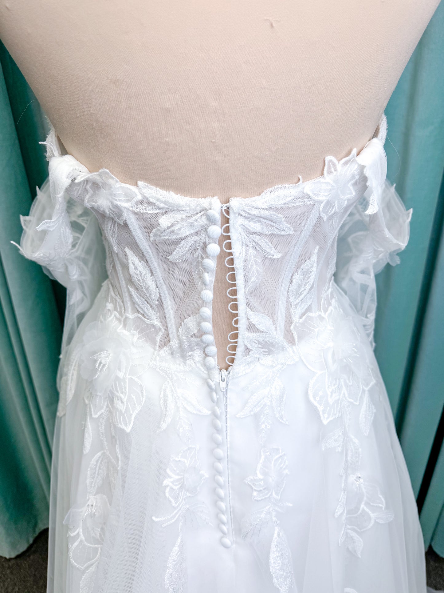 Marshall A-line Wedding Dress in Ivory, Size 14 — floral appliqués, romantic bodice, sweeping skirt