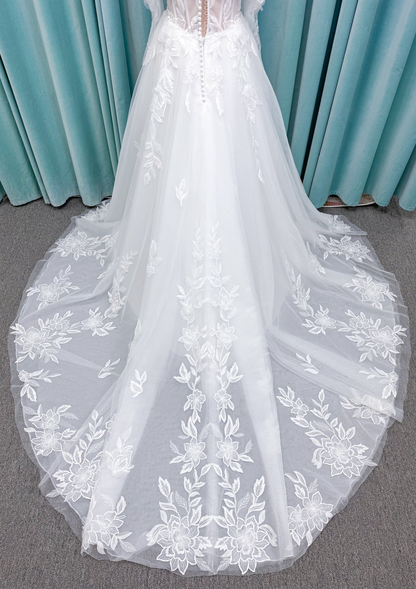 Marshall A-line Wedding Dress in Ivory, Size 14 — floral appliqués, romantic bodice, sweeping skirt