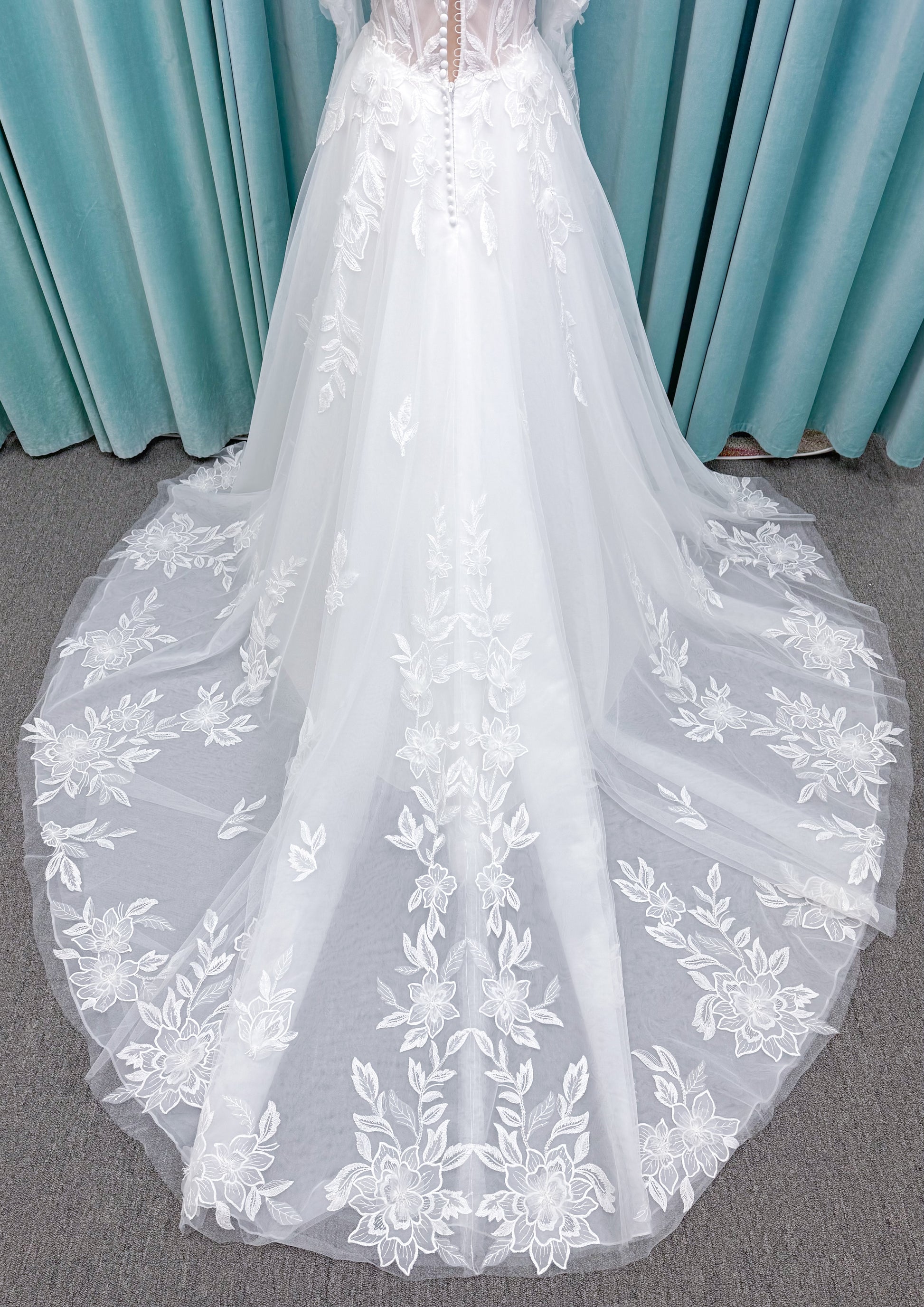Marshall A-line Wedding Dress in Ivory, Size 14 — floral appliqués, romantic bodice, sweeping skirt