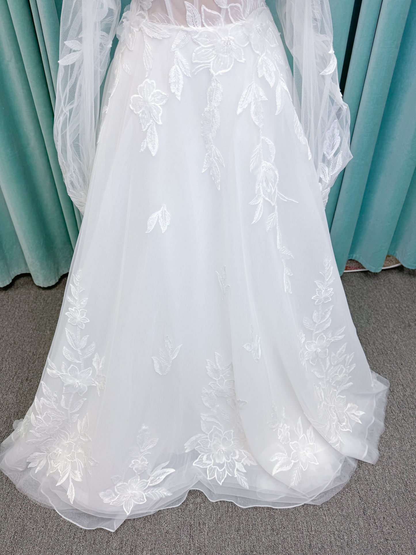 Marshall A-line Wedding Dress in Ivory, Size 14 — floral appliqués, romantic bodice, sweeping skirt