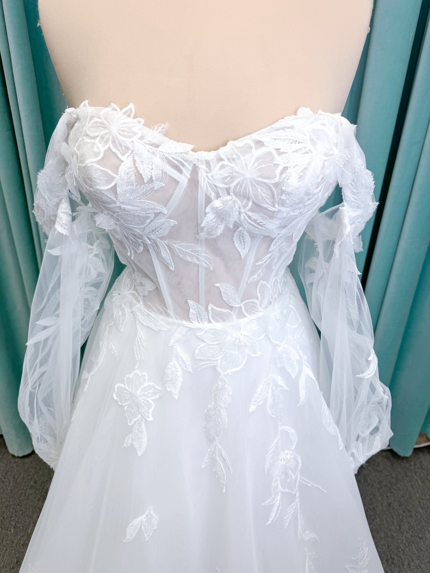 Marshall A-line Wedding Dress in Ivory, Size 14 — floral appliqués, romantic bodice, sweeping skirt