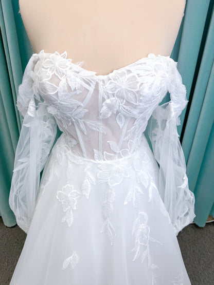 Marshall A-line Wedding Dress in Ivory, Size 14 — floral appliqués, romantic bodice, sweeping skirt