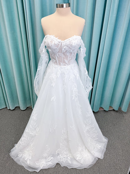 Marshall A-line Wedding Dress in Ivory, Size 14 — floral appliqués, romantic bodice, sweeping skirt