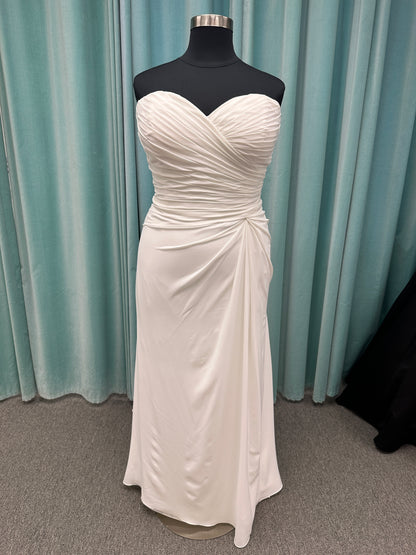 Plus size strapless chiffon A-line wedding dress with sweetheart neckline and draped bodice detail