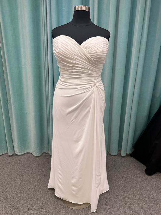 Plus size strapless chiffon A-line wedding dress with sweetheart neckline and draped bodice detail