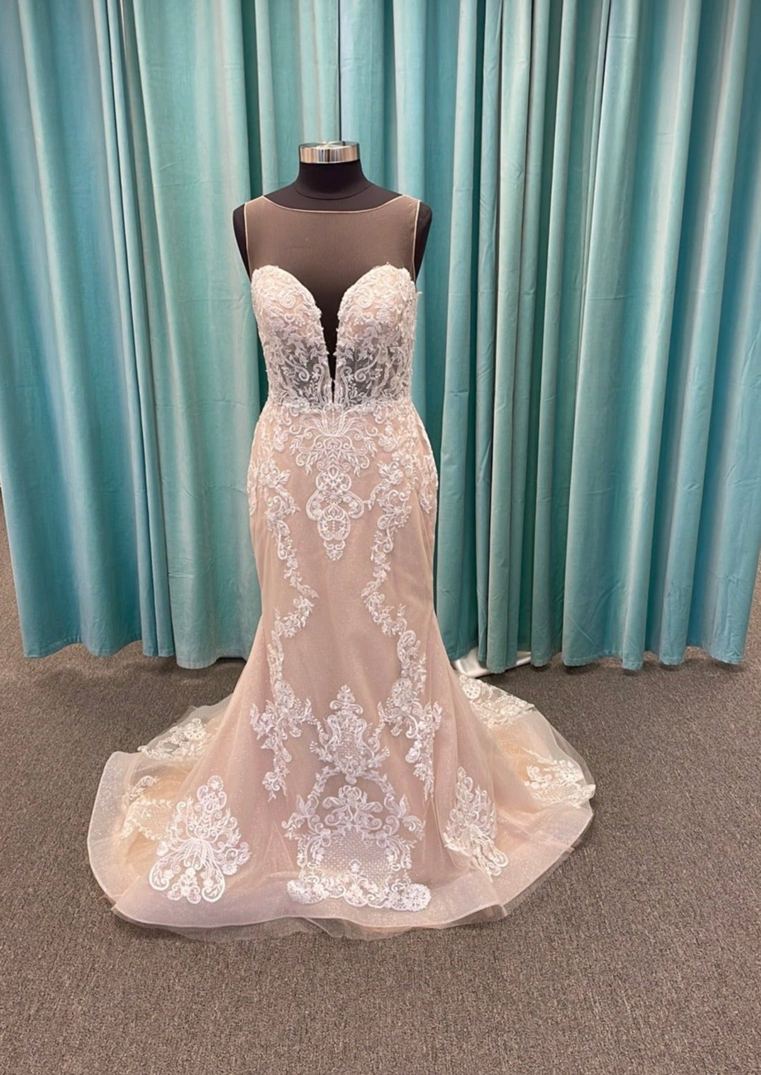 Abella E169 Mikaela Latte and Ivory Lace Fit and Flare Gown