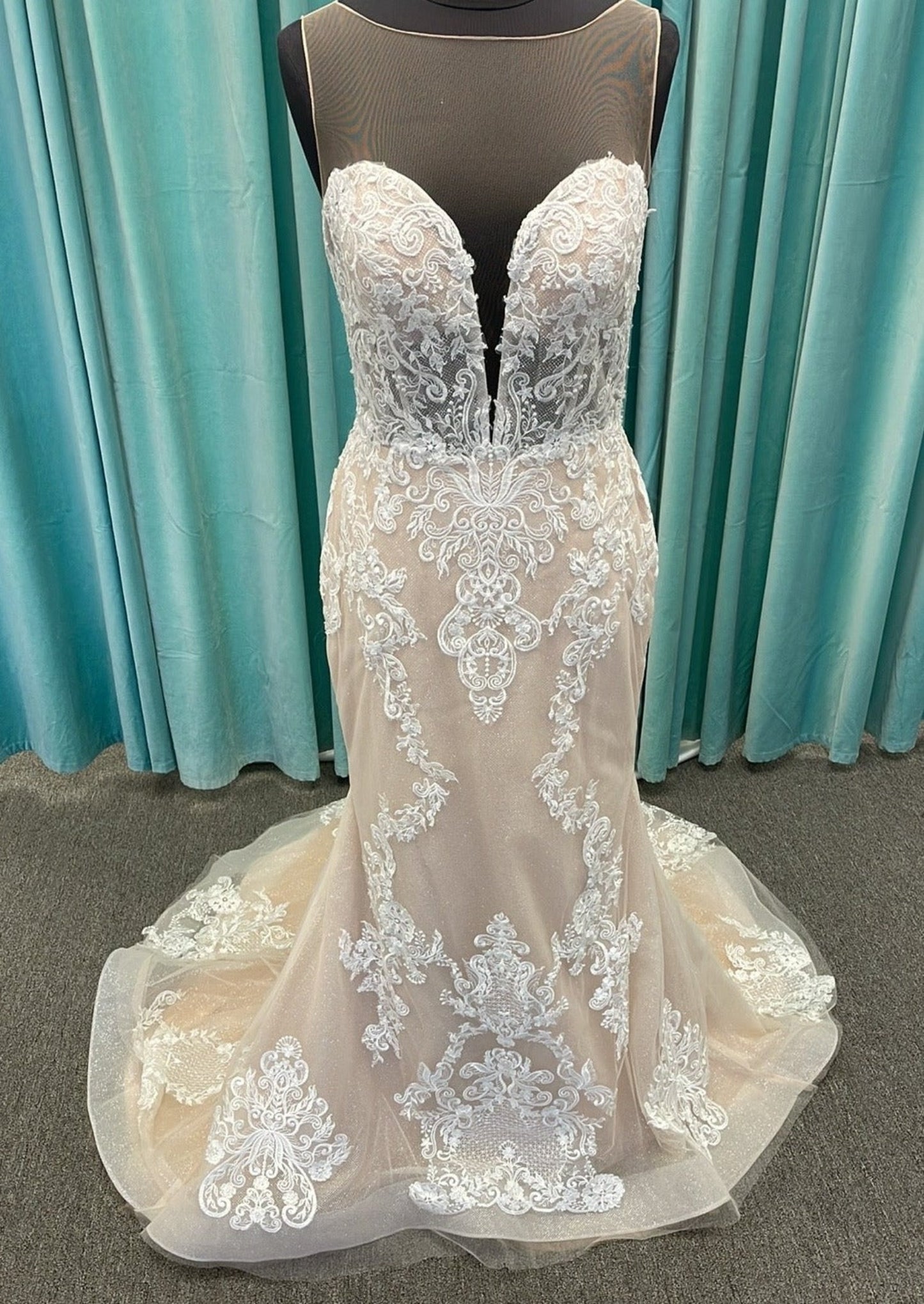 Abella E169 Mikaela Latte and Ivory Lace Fit and Flare Gown