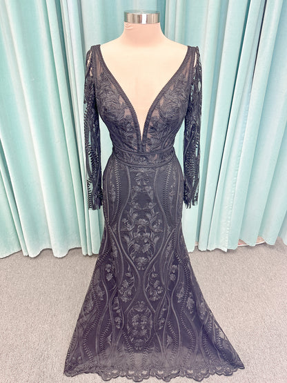 Morticia Mermaid Wedding Dress in Black, Size 12 — embroidered lace, plunging V-neckline, long illusion sleeves