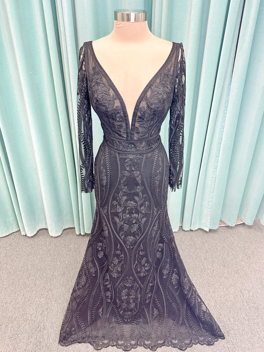 Morticia Mermaid Wedding Dress in Black, Size 12 — embroidered lace, plunging V-neckline, long illusion sleeves