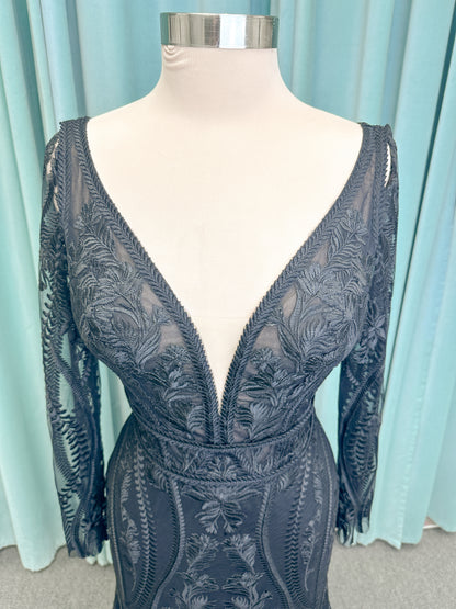 Morticia Mermaid Wedding Dress in Black, Size 12 — embroidered lace, plunging V-neckline, long illusion sleeves