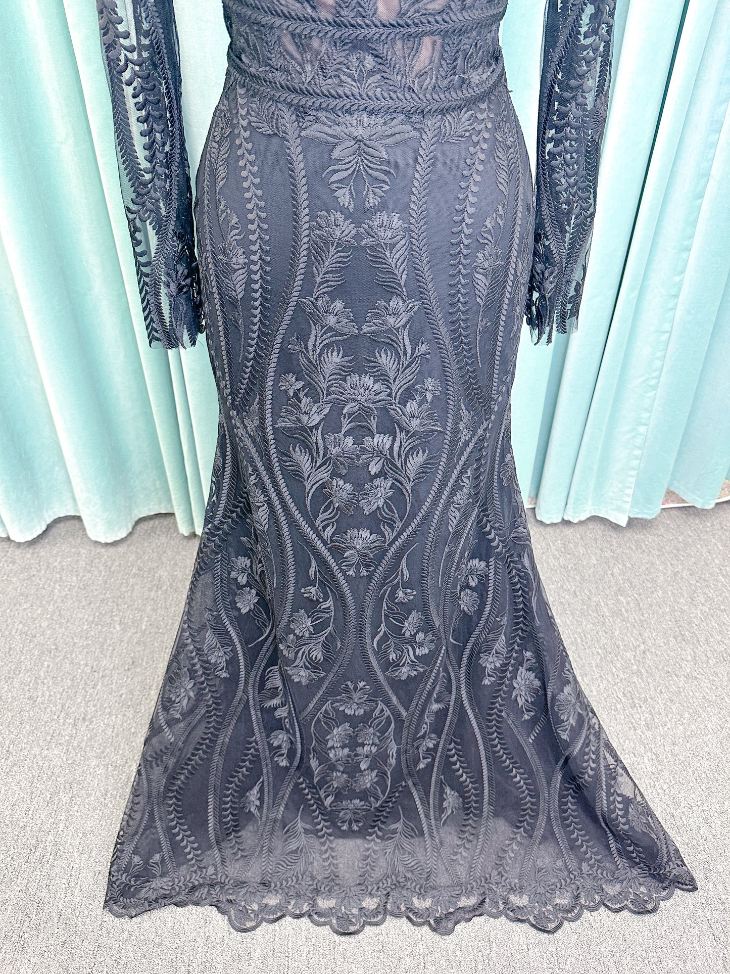 Morticia Mermaid Wedding Dress in Black, Size 12 — embroidered lace, plunging V-neckline, long illusion sleeves