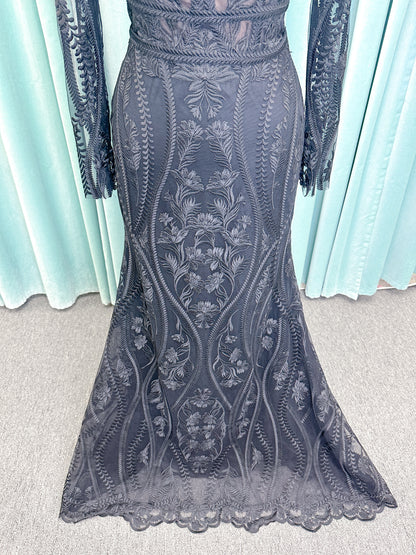 Morticia Mermaid Wedding Dress in Black, Size 12 — embroidered lace, plunging V-neckline, long illusion sleeves