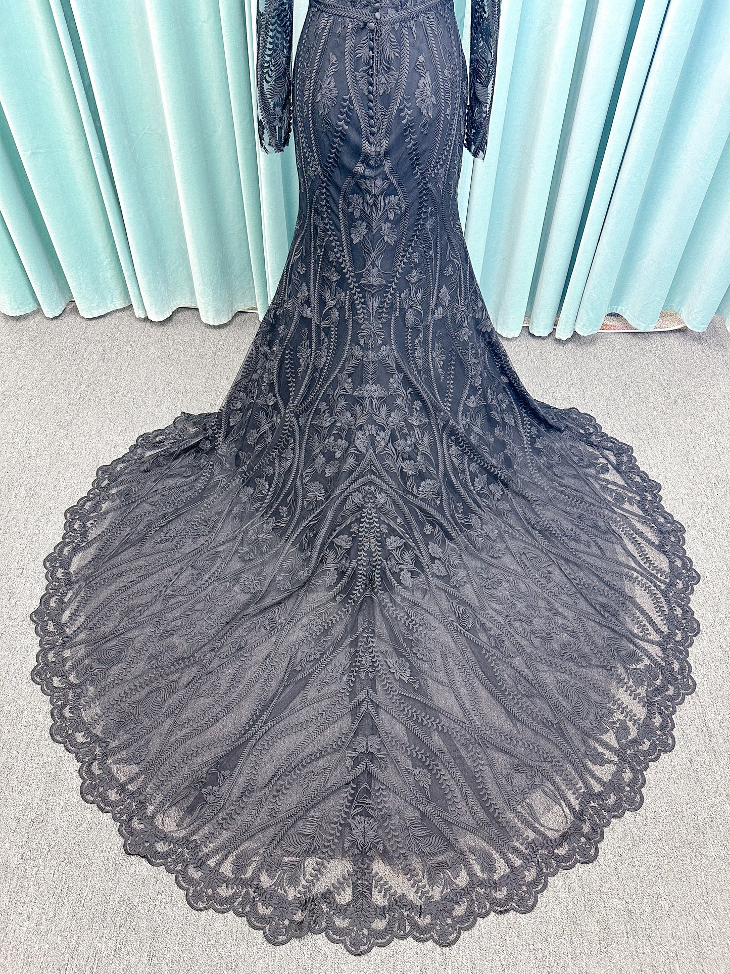 Morticia Mermaid Wedding Dress in Black, Size 12 — embroidered lace, plunging V-neckline, long illusion sleeves