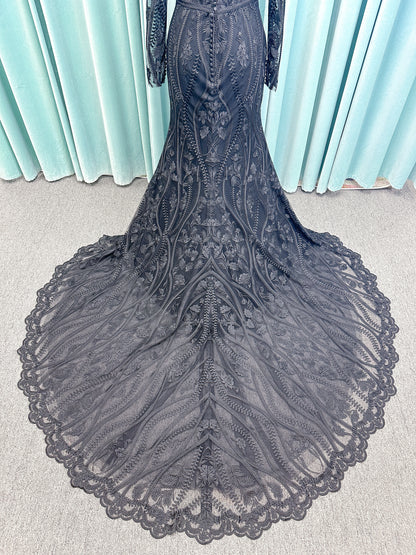 Morticia Mermaid Wedding Dress in Black, Size 12 — embroidered lace, plunging V-neckline, long illusion sleeves