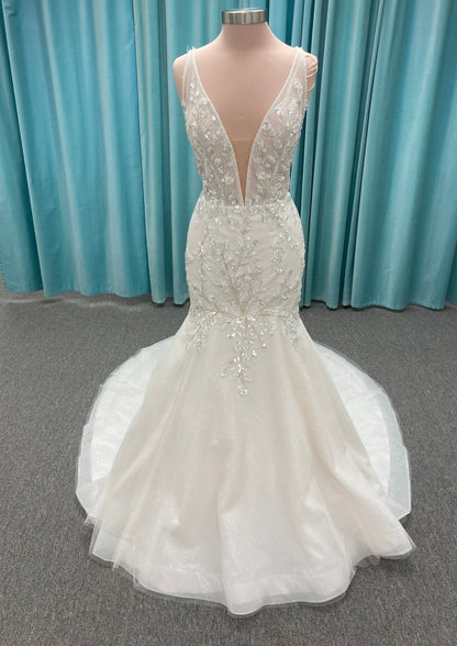 Nadine E151 Beaded deep plunge shimmering fit and flare wedding dress