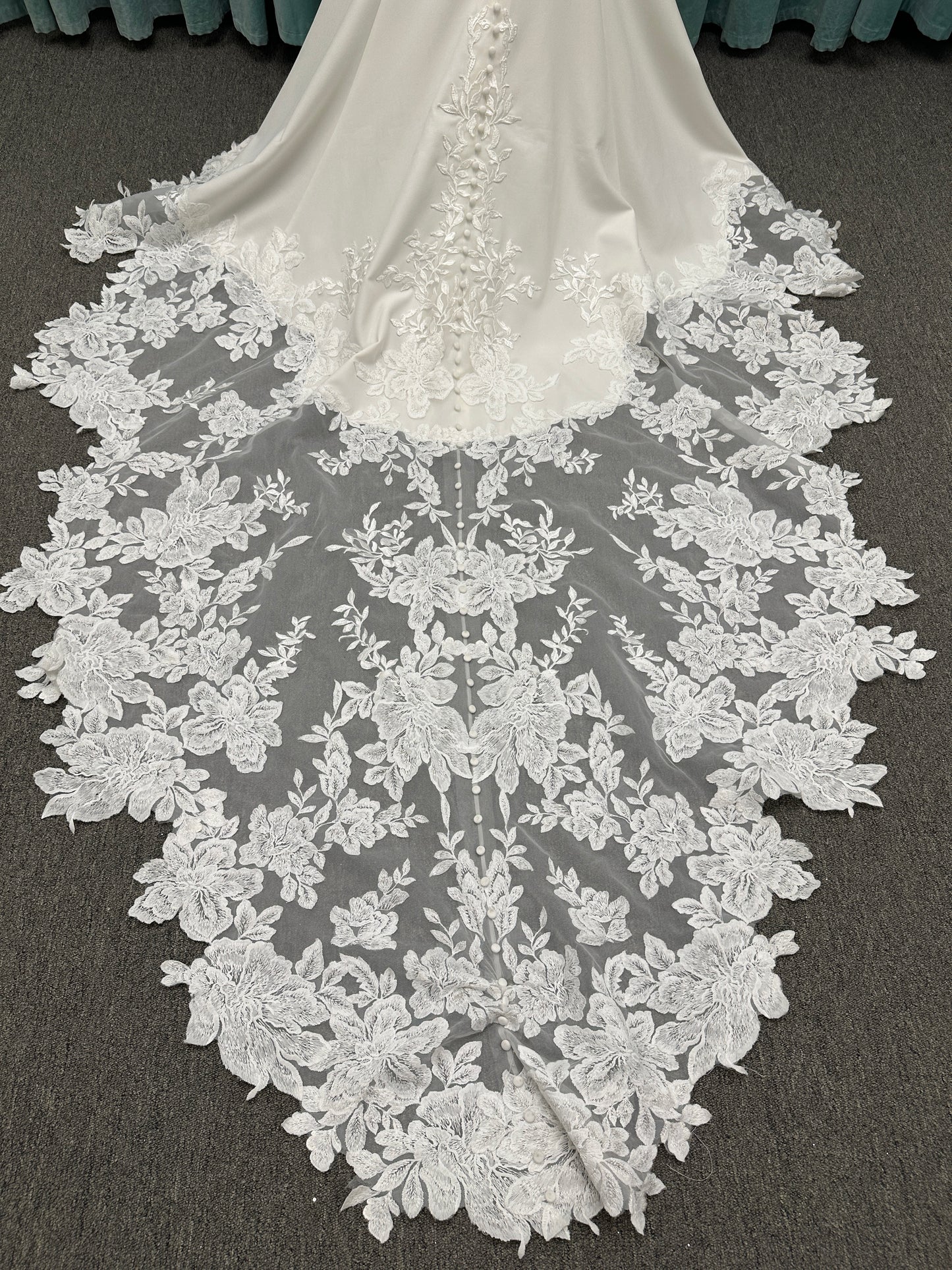 Long sleeve lace wedding dress with sheer illusion bodice and fitted skirt, featuring intricate floral lace and a soft train by Essense of Australia Style D3379