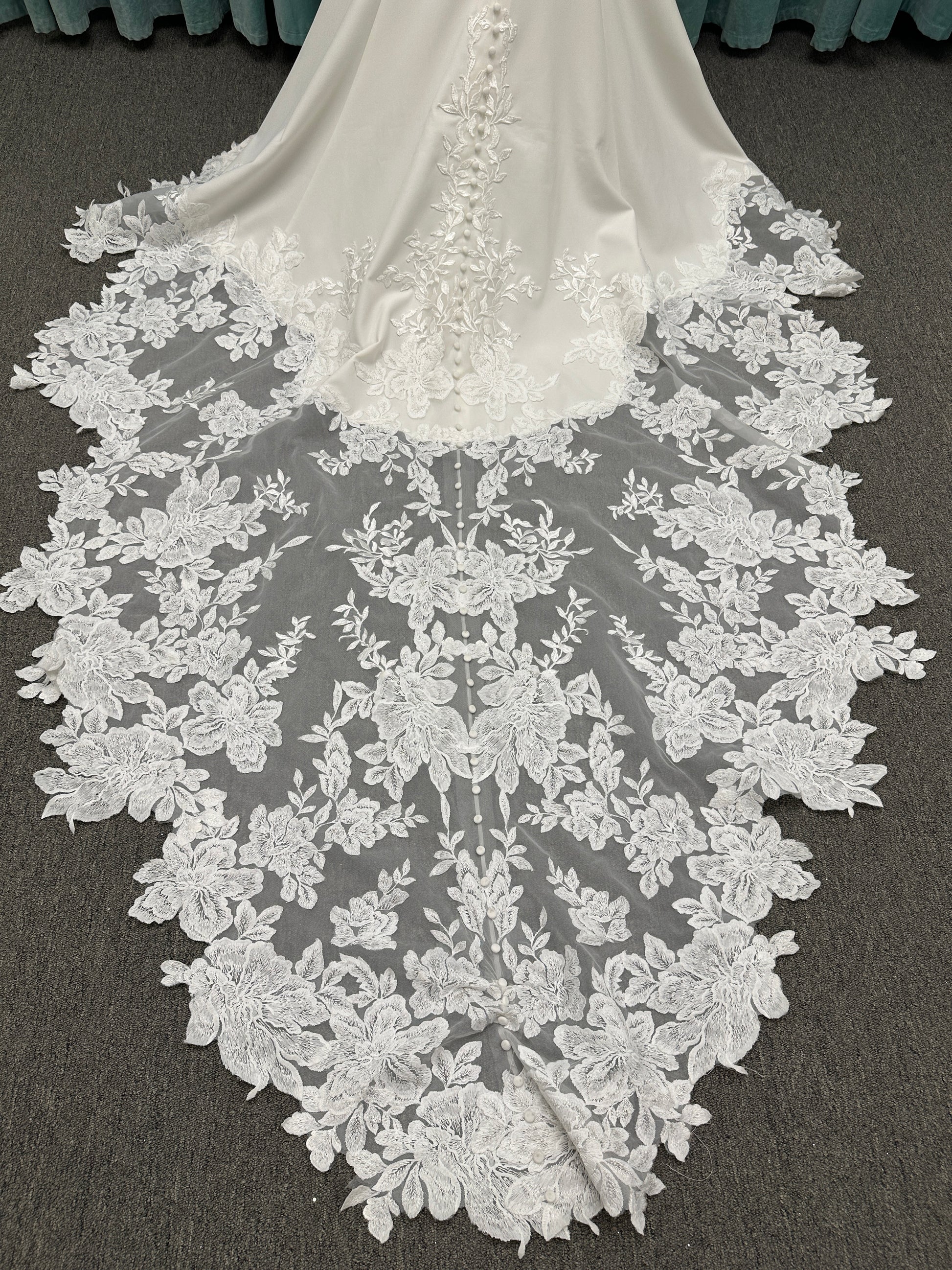 Long sleeve lace wedding dress with sheer illusion bodice and fitted skirt, featuring intricate floral lace and a soft train by Essense of Australia Style D3379