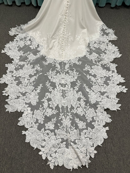 Long sleeve lace wedding dress with sheer illusion bodice and fitted skirt, featuring intricate floral lace and a soft train by Essense of Australia Style D3379