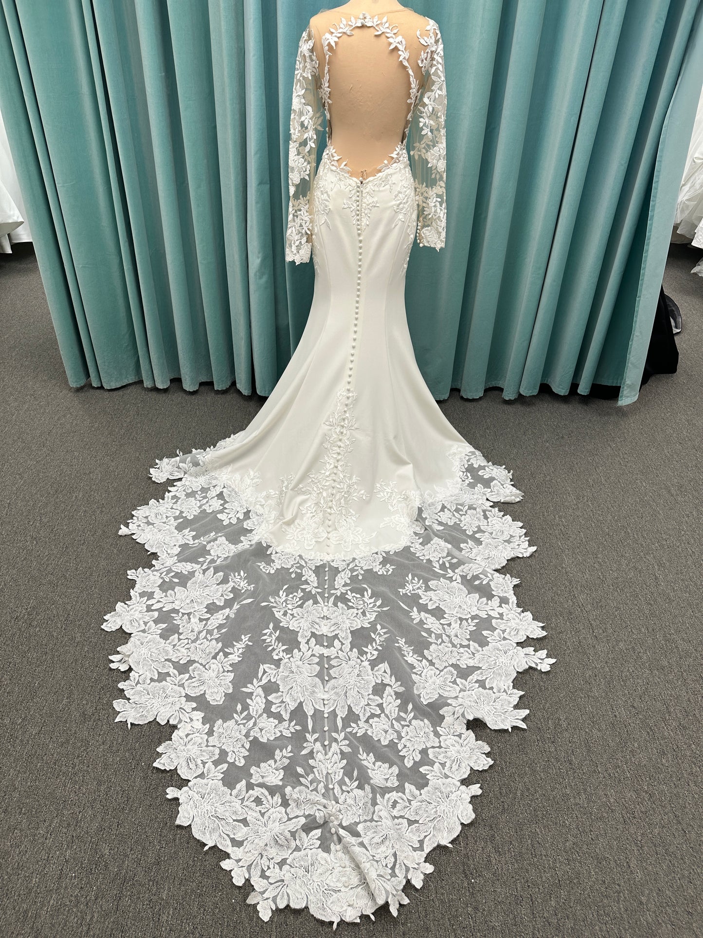 Long sleeve lace wedding dress with sheer illusion bodice and fitted skirt, featuring intricate floral lace and a soft train by Essense of Australia Style D3379