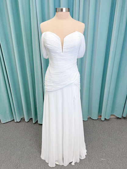 Morilee 15053 Parvati ballgown wedding dress on mannequin with draped chiffon bodice, plunging sweetheart neckline, and detachable off-the-shoulder sleeves