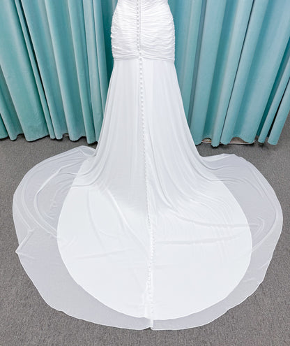 Morilee 15053 Parvati ballgown wedding dress on mannequin with draped chiffon bodice, plunging sweetheart neckline, and detachable off-the-shoulder sleeves