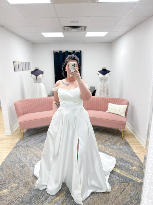 Off the Shoulder A-Line Wedding Dress High Slit Soft Satin Scoop Neck