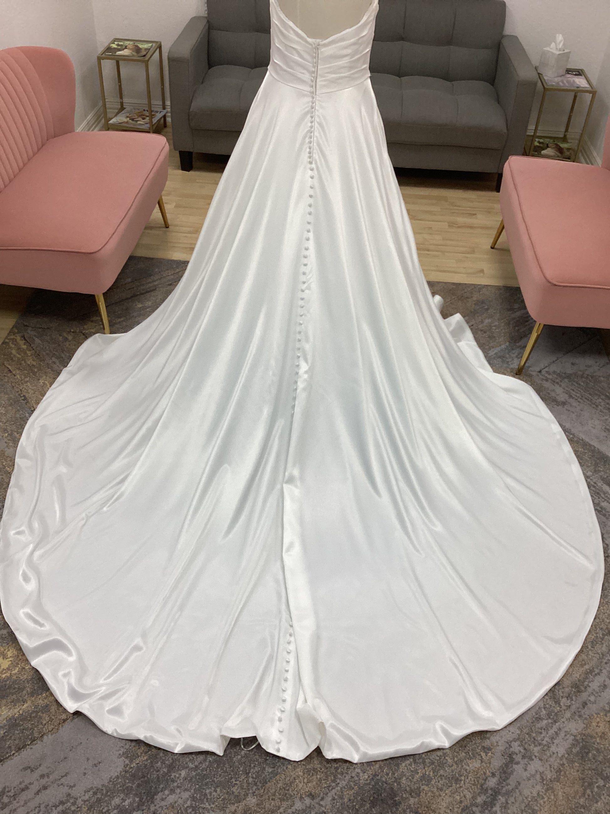 Morilee Pierce 2634 ivory satin A-line wedding dress with ruched strapless sweetheart bodice and covered buttons down the back.
