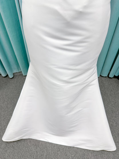 Morilee Raven style 4475 strapless Larissa satin fit-and-flare wedding dress with bow keyhole back, size 10