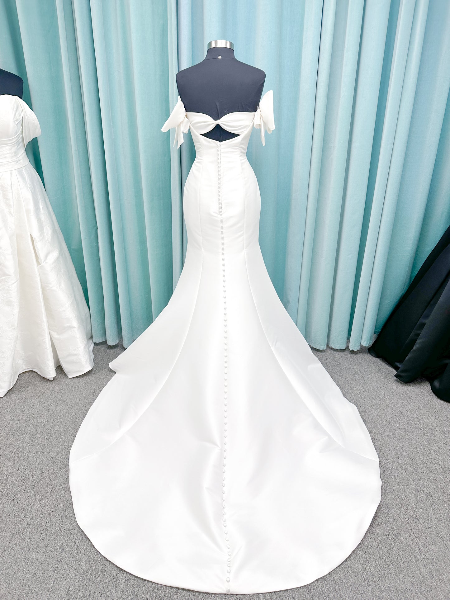 Morilee Raven style 4475 strapless Larissa satin fit-and-flare wedding dress with bow keyhole back, size 10