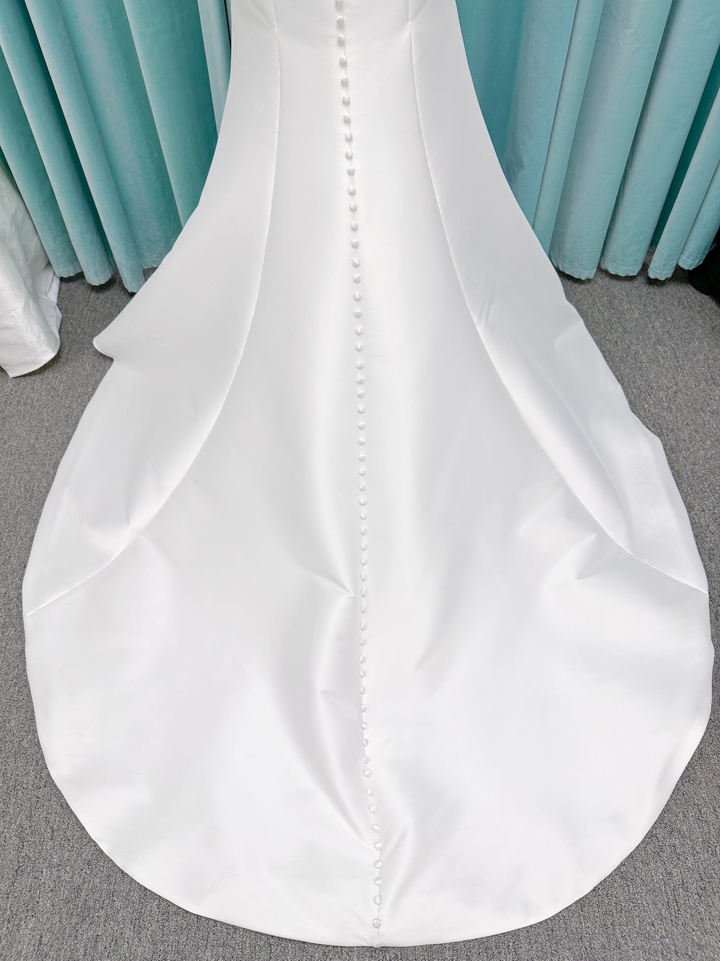 Morilee Raven style 4475 strapless Larissa satin fit-and-flare wedding dress with bow keyhole back, size 10