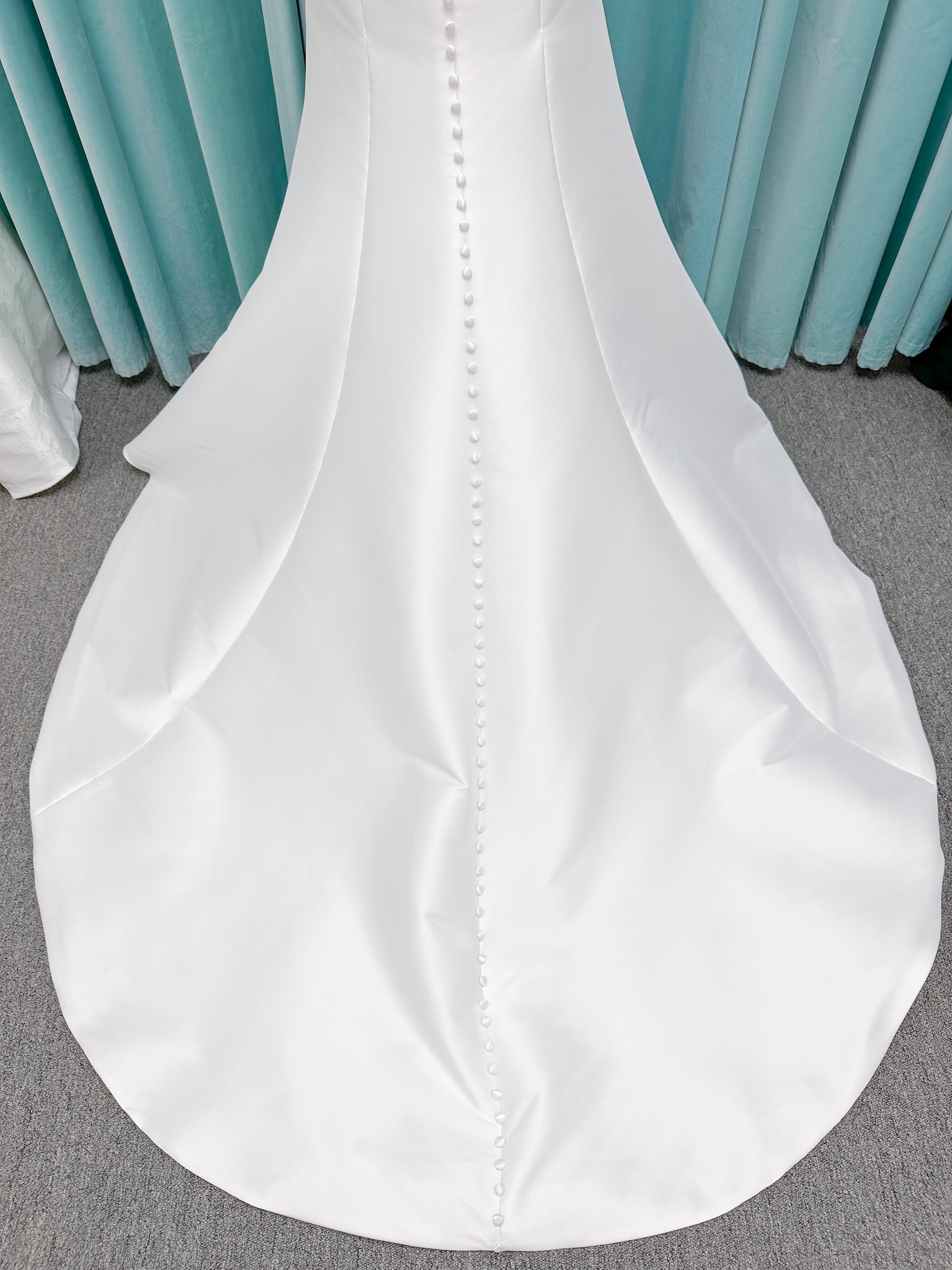 Morilee Raven style 4475 strapless Larissa satin fit-and-flare wedding dress with bow keyhole back, size 10