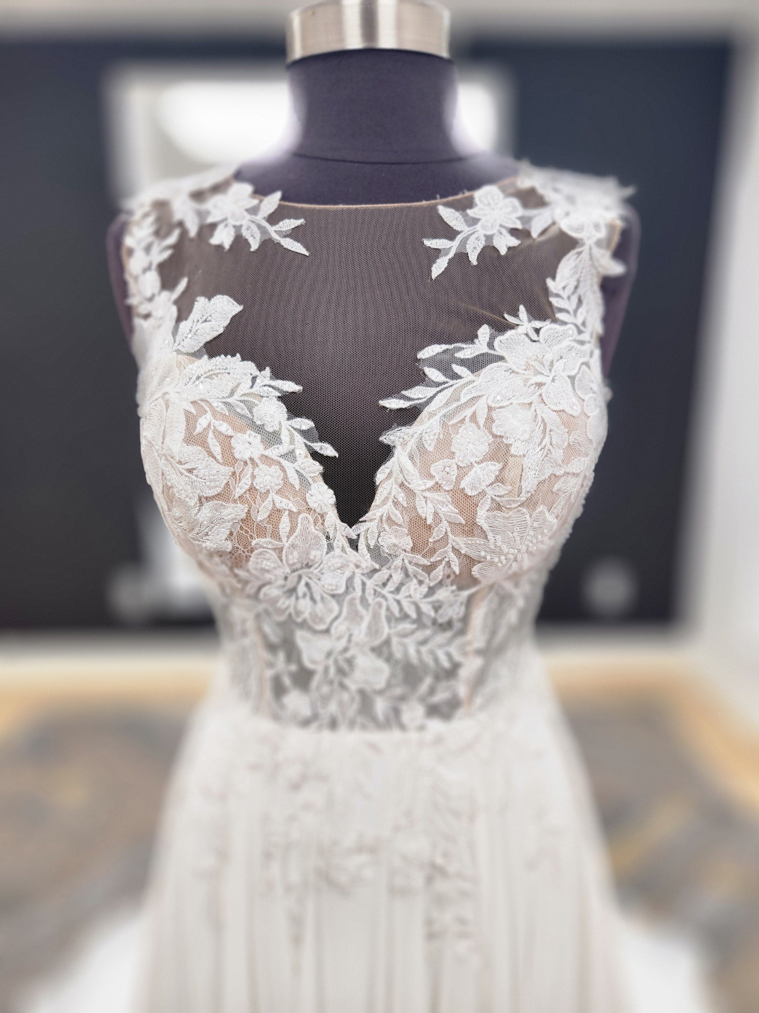 Illusion neckline with Lace Bodice A-line Wedding dress