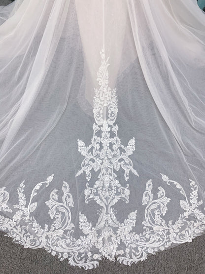 Morilee 2660 Regina A-line wedding dress with embroidered sweetheart neckline, matte sequins, drop waist, Chantilly lace tulle skirt, and lace-trimmed train.