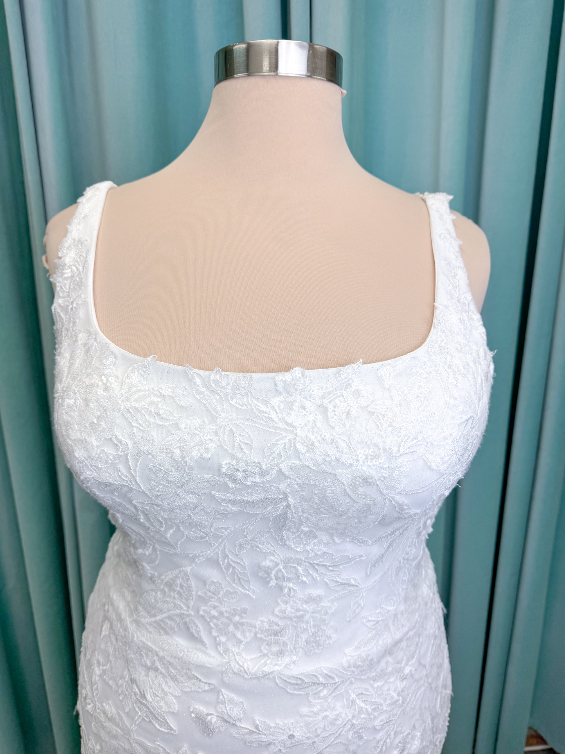Reid Plus Size Mermaid Wedding Dress in Ivory, Size 22 — intricate floral lace appliqués, fitted mermaid silhouette