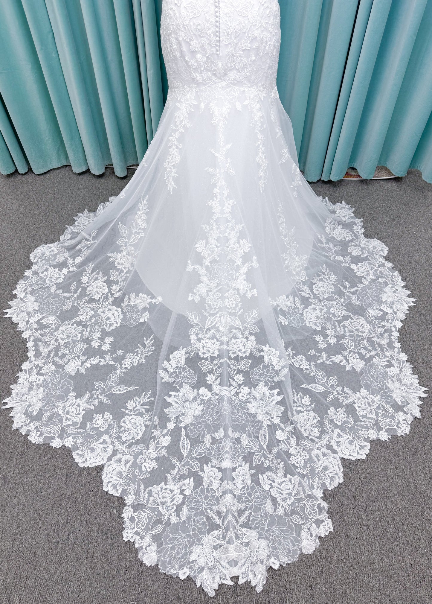 Reid Plus Size Mermaid Wedding Dress in Ivory, Size 22 — intricate floral lace appliqués, fitted mermaid silhouette