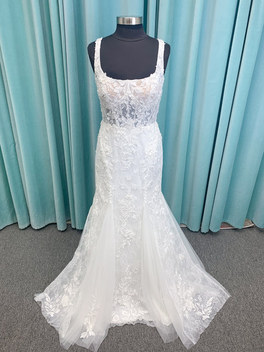 Morilee 2650 Rhea fit and flare wedding dress with square neckline, 3D beaded floral lace over sparkle tulle, corset boning, keyhole back, and godet skirt insets.