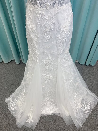 Morilee 2650 Rhea fit and flare wedding dress with square neckline, 3D beaded floral lace over sparkle tulle, corset boning, keyhole back, and godet skirt insets.
