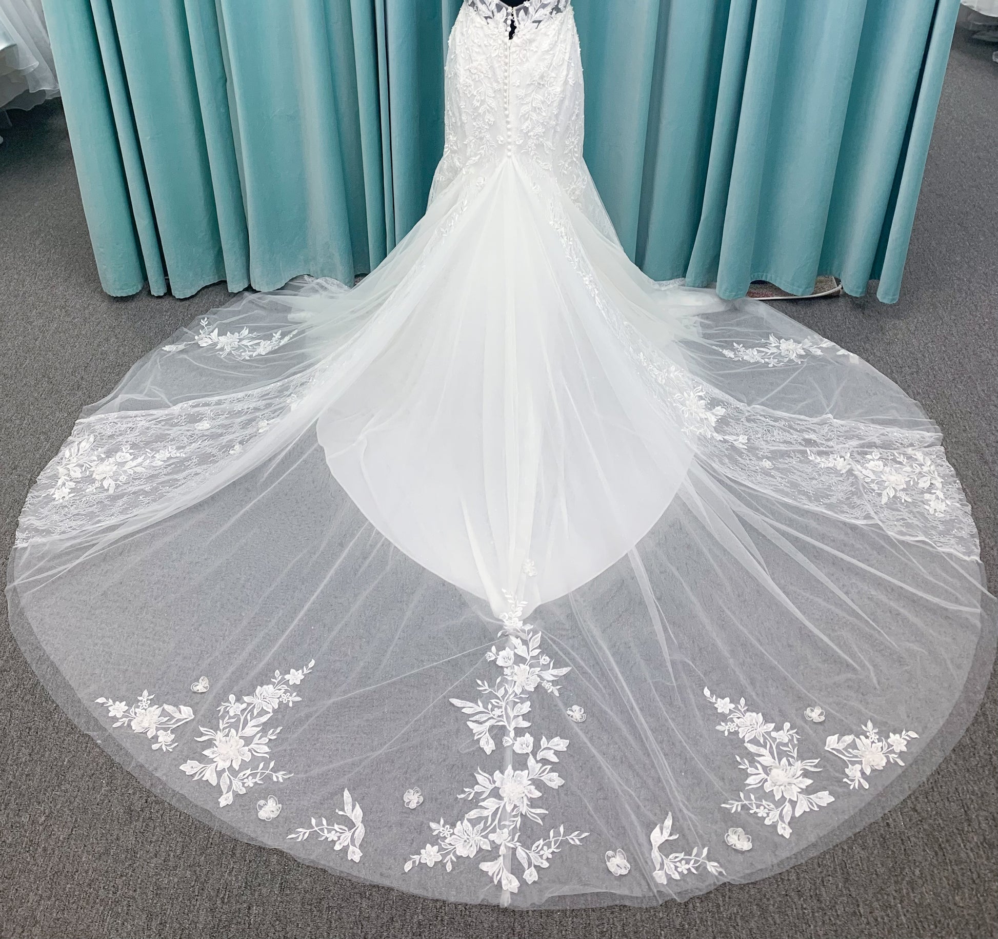 Morilee 2650 Rhea fit and flare wedding dress with square neckline, 3D beaded floral lace over sparkle tulle, corset boning, keyhole back, and godet skirt insets.