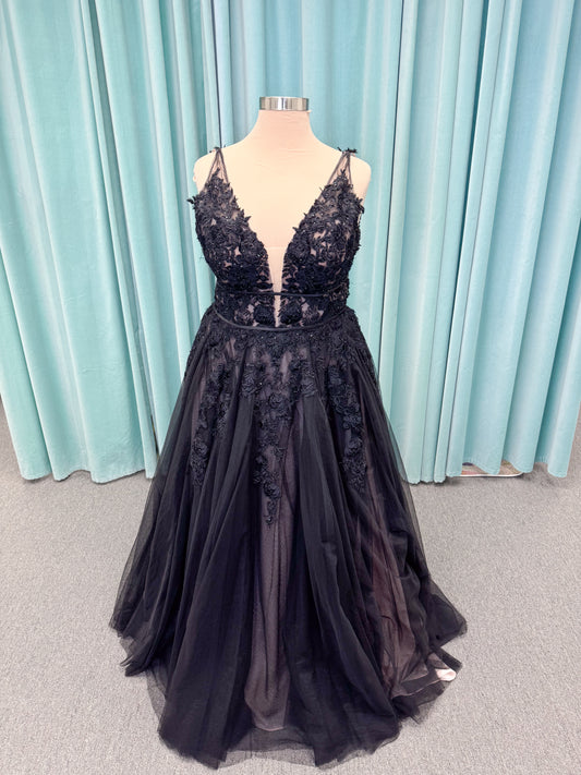 Morilee 5763 Rosa plus size A-line wedding dress on mannequin with plunging V-neckline, double banded waist, and crystal beaded floral lace appliques