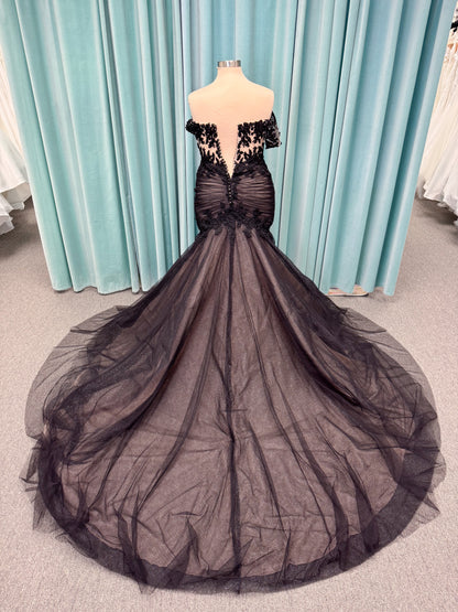 Morilee 4467 Rowena fit and flare wedding dress on mannequin with sheer corset bodice, frosted lace appliques, sweetheart neckline, and detachable off-the-shoulder sleeves