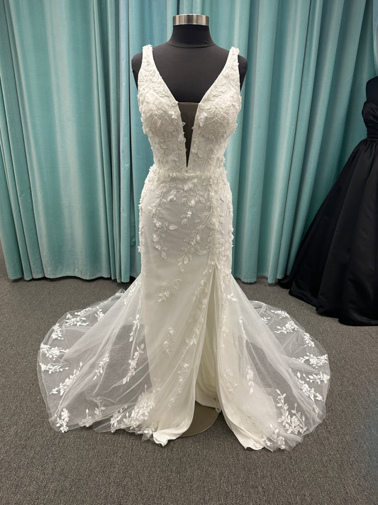Stella York SY8157 glitter tulle fit-and-flare wedding dress with plunge neckline and floral lace appliqués