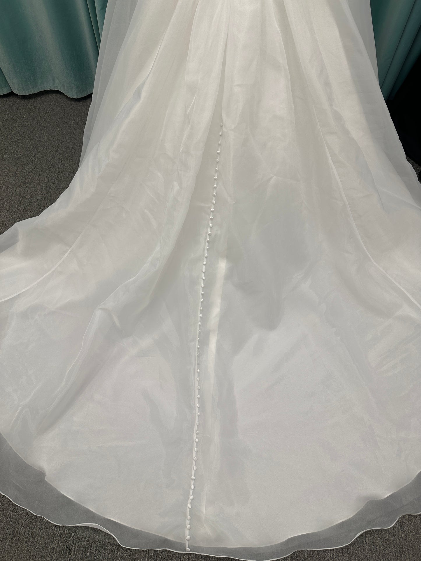 Stella York SY8222 ballgown wedding dress with scoop neckline, structured Mikado bodice, basque waist, and full organza skirt