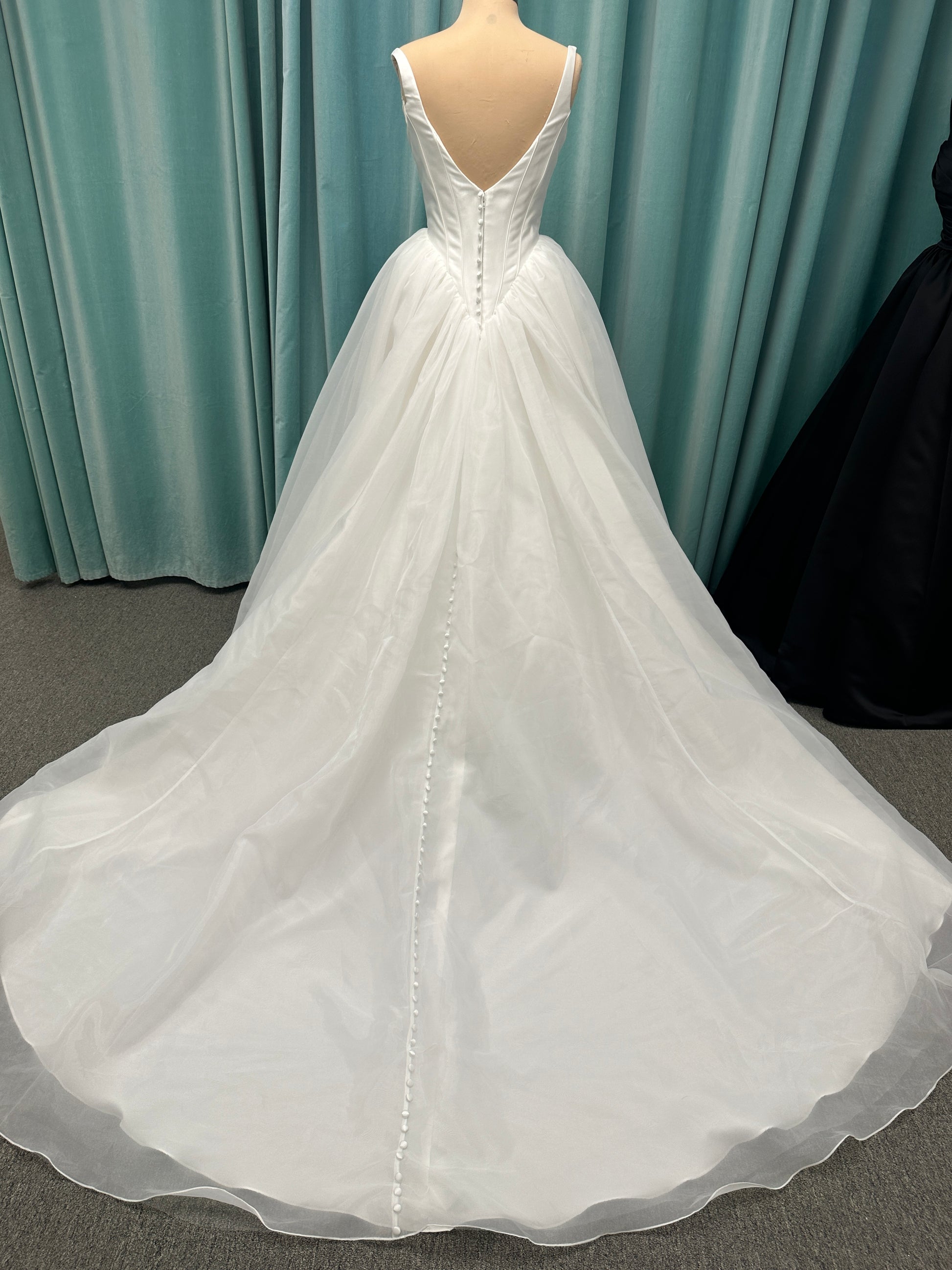 Stella York SY8222 ballgown wedding dress with scoop neckline, structured Mikado bodice, basque waist, and full organza skirt