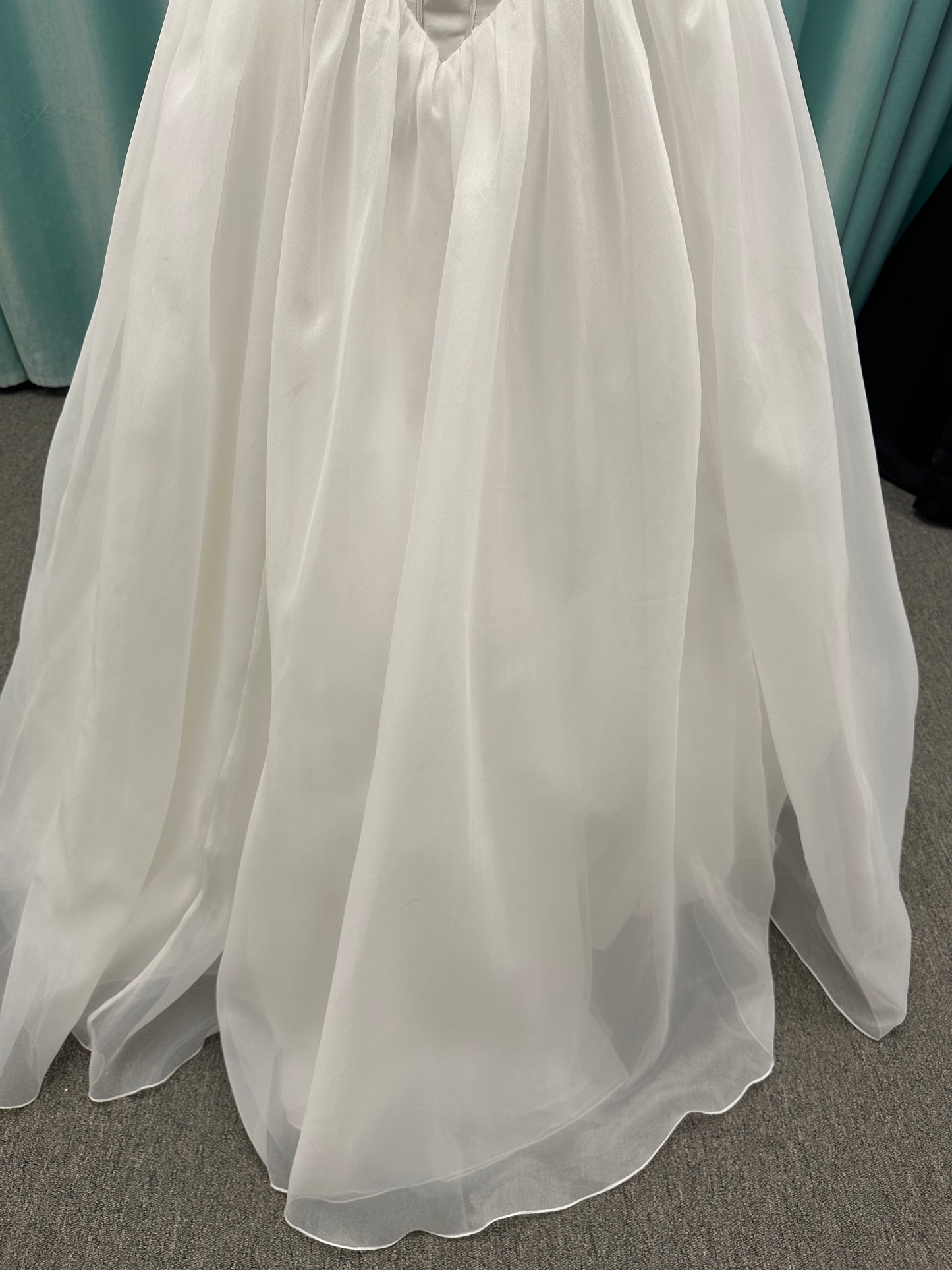 Stella York SY8222 ballgown wedding dress with scoop neckline, structured Mikado bodice, basque waist, and full organza skirt