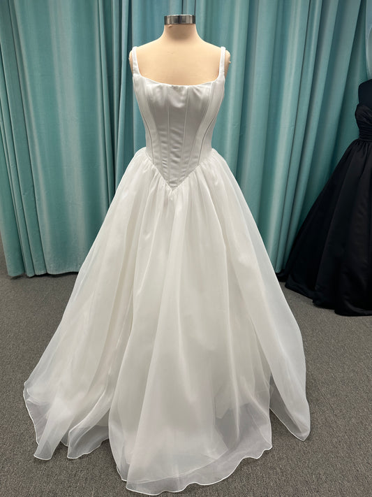 Stella York SY8222 ballgown wedding dress with scoop neckline, structured Mikado bodice, basque waist, and full organza skirt