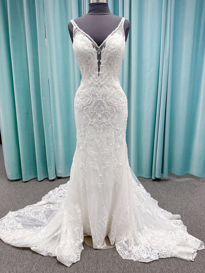 Morilee 2139 Sofia fit and flare wedding dress with crystal-trimmed deep V-neck, Alençon lace appliqués on Chantilly lace net, scalloped hem, and sheer train.