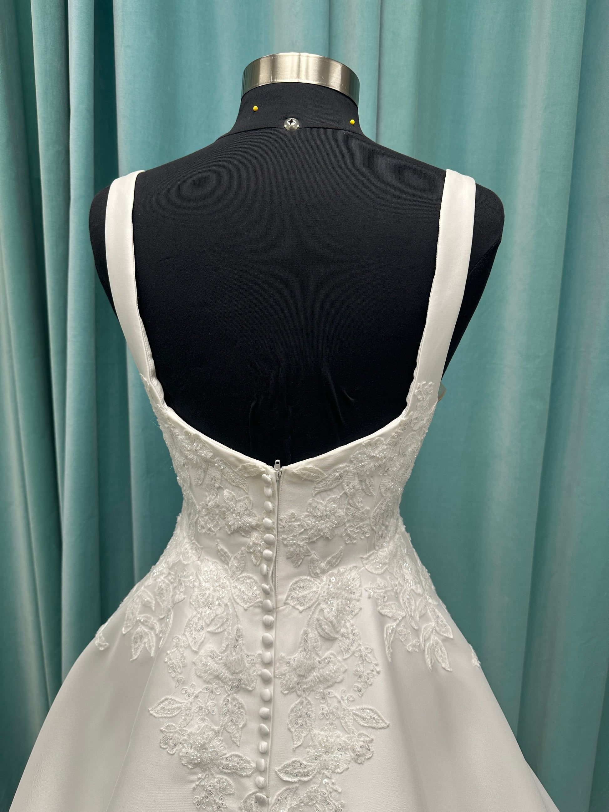 Stella York 7897 Mikado A-line wedding dress with square neckline, wide straps, lace bodice detail, and pockets
