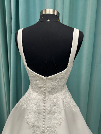 Stella York 7897 Mikado A-line wedding dress with square neckline, wide straps, lace bodice detail, and pockets